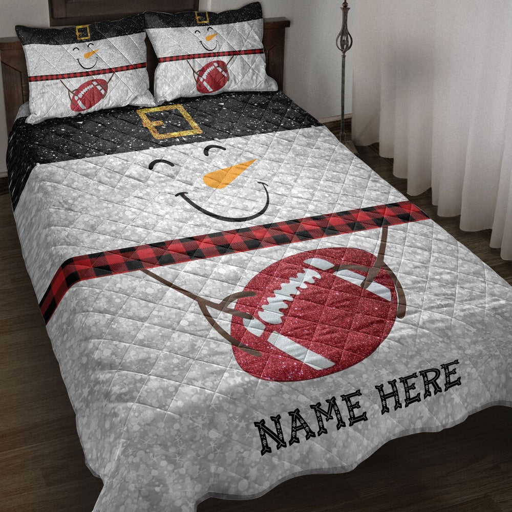 Football Quilt Set, Funny Snowman Bringmas Football Glitter Buffalo Plaid Quilt Blanket