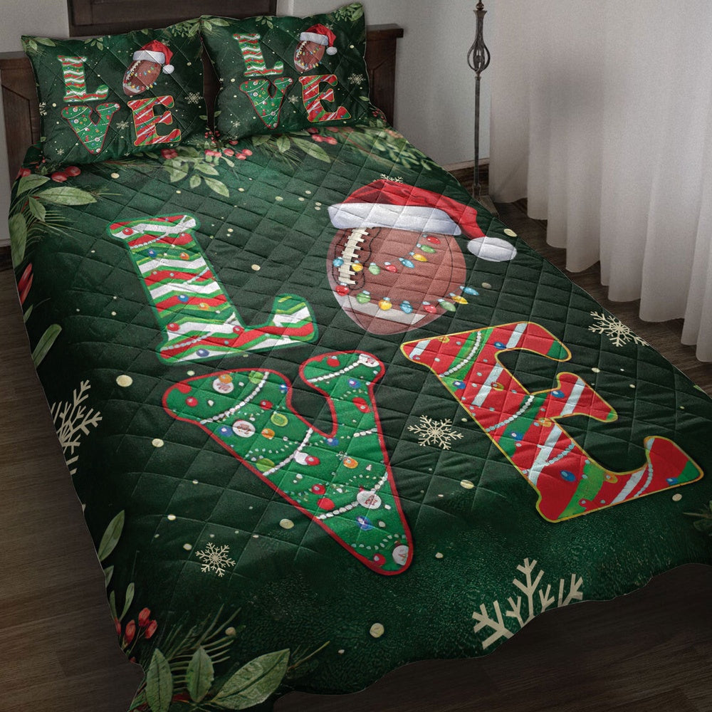 Football Quilt Set, Love Football Withmas Hat Holly Berry Snowflake Xmas Holiday Quilt Blanket