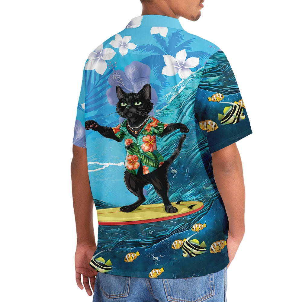 Funny Black Cat Surfing Hibiscus Hawaiian Shirt, Cat Hawaiian Shirt, Funny Hawaiian Shirts
