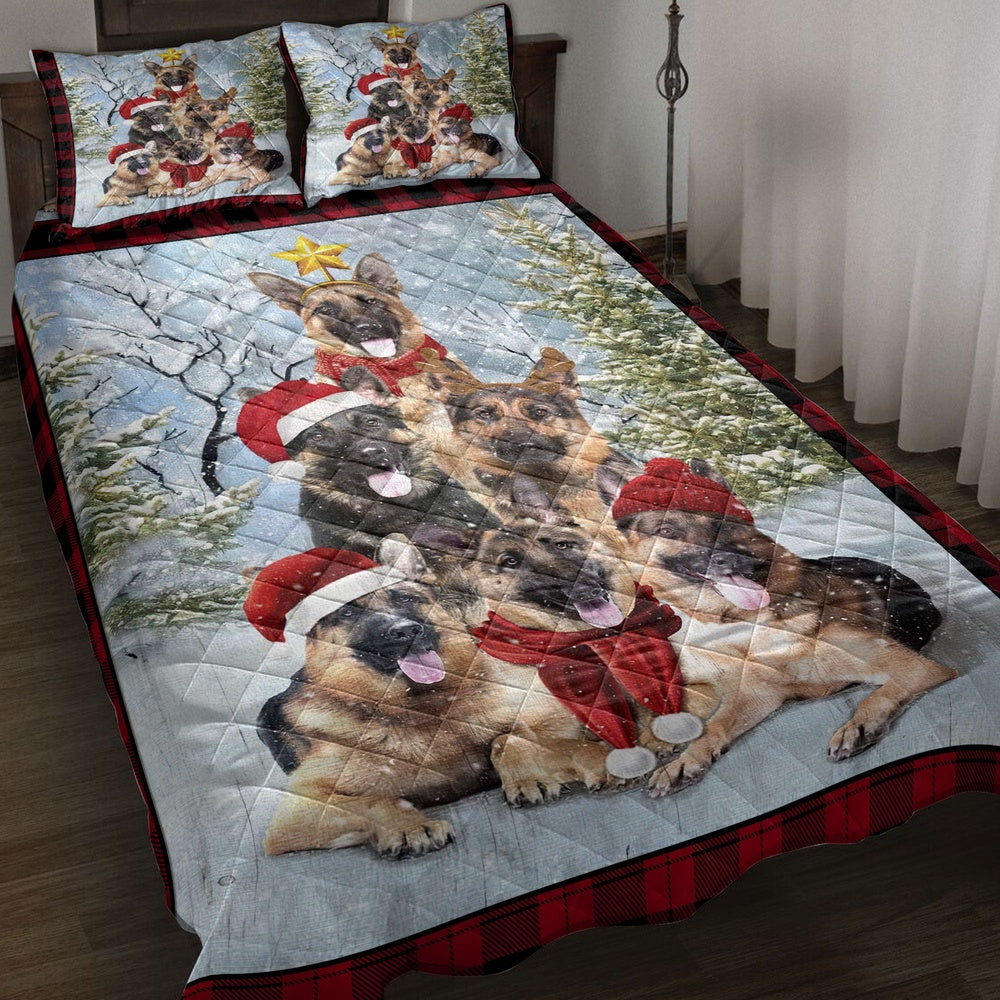 German Shepherd Quilt Set, German Shepherdmas Tree With Santa Hat Snowflake Red Quilt Blanket