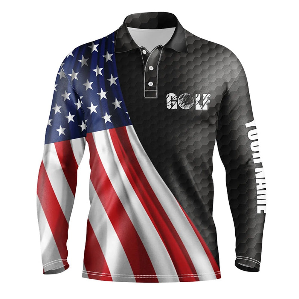 Golf Polo Shirts, American Flag Black Golf Ball Skin Mens Golf Polo Shirts Custom Name Patriotic Golf Tops For Mens, Custom Golf Shirts