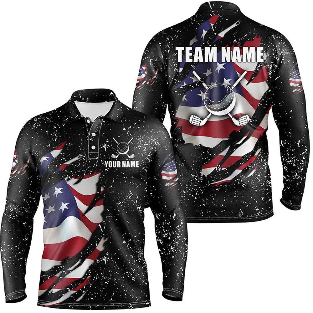 Golf Polo Shirts, American Flag Black Grunge Pattern Golf Clubs Mens Golf Polo Shirts Custom Best Mens Golf Tops, Custom Golf Shirts