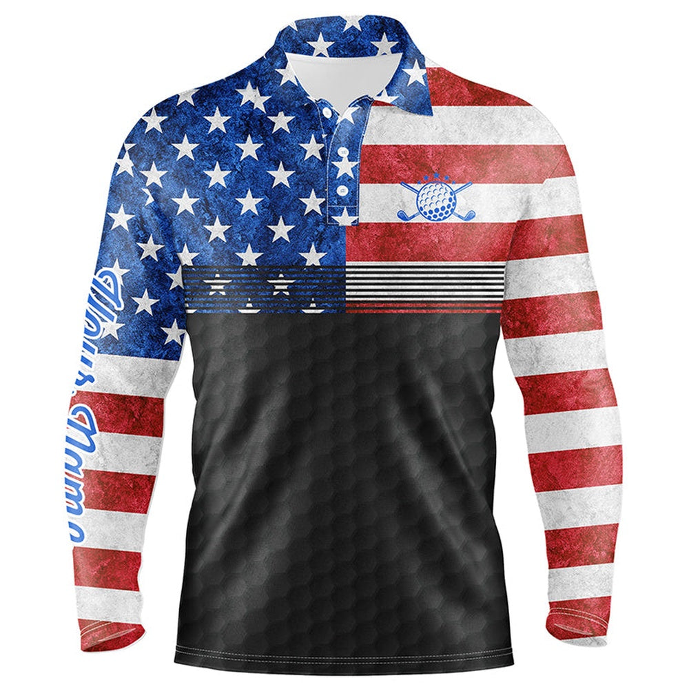 Golf Polo Shirts, American Flag Black Mens Golf Polo Shirts Custom Name Patriotic Golf Shirts For Mens, Custom Golf Shirts