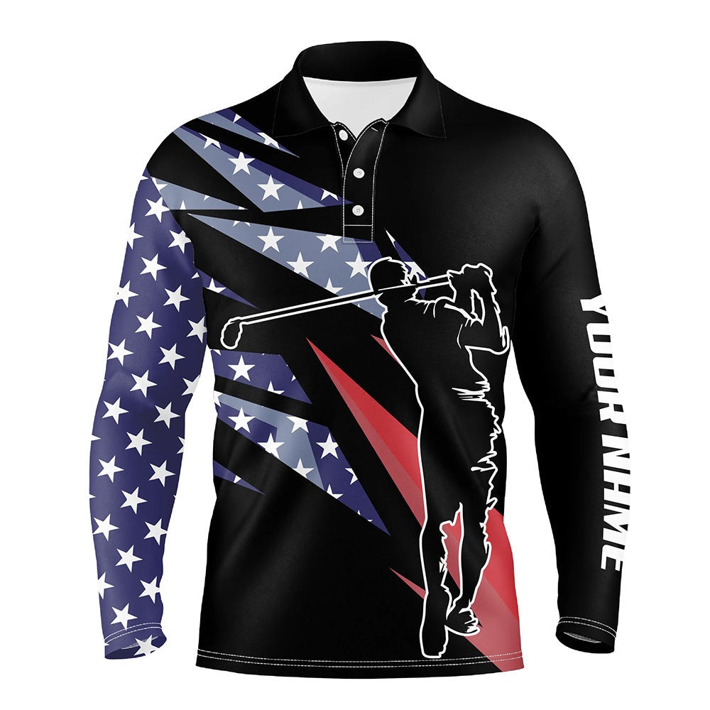 Golf Polo Shirts, American Flag Black Mens Golf Polo Shirts Custom Team Golf Shirt For Men, Gift For Golf Lovers, Custom Golf Shirts