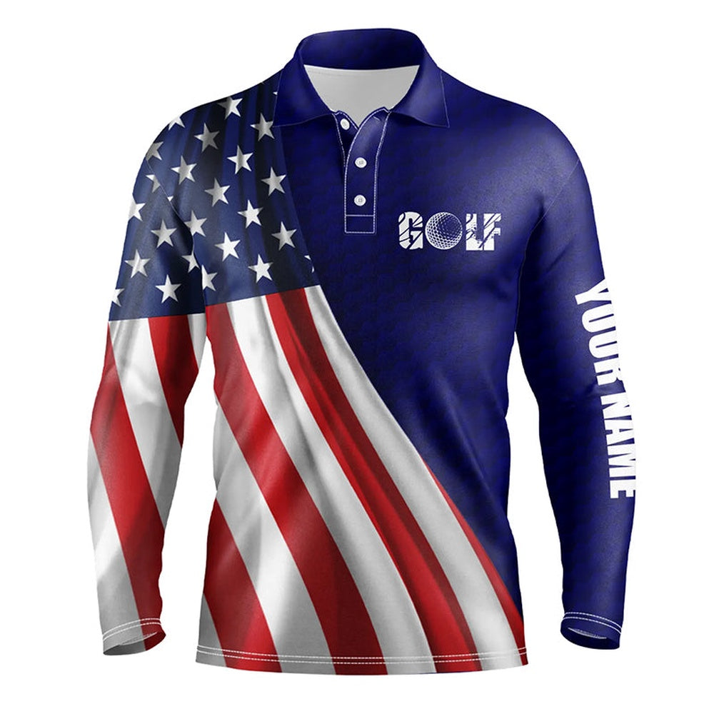 Golf Polo Shirts, American Flag Blue Navy Golf Ball Skin Mens Golf Polo Shirts Custom Name Patriotic Golf Tops For Mens, Custom Golf Shirts