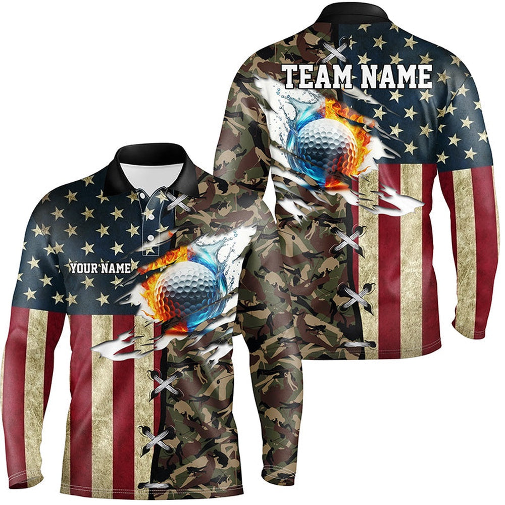 Golf Polo Shirts, American Flag Camo Mens Golf Polo Shirts Custom Fire Water Golf Ball Team Golf Shirts, Custom Golf Shirts