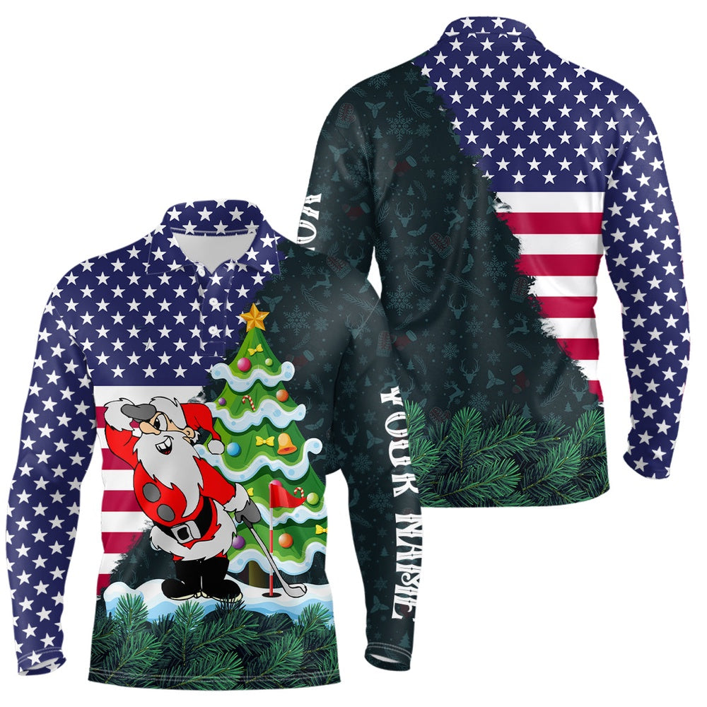 Golf Polo Shirts, American Flag Christmas Santa Golf Pattern Custom Mens Golf Polo Shirts, Christmas Golf Apparel, Custom Golf Shirts