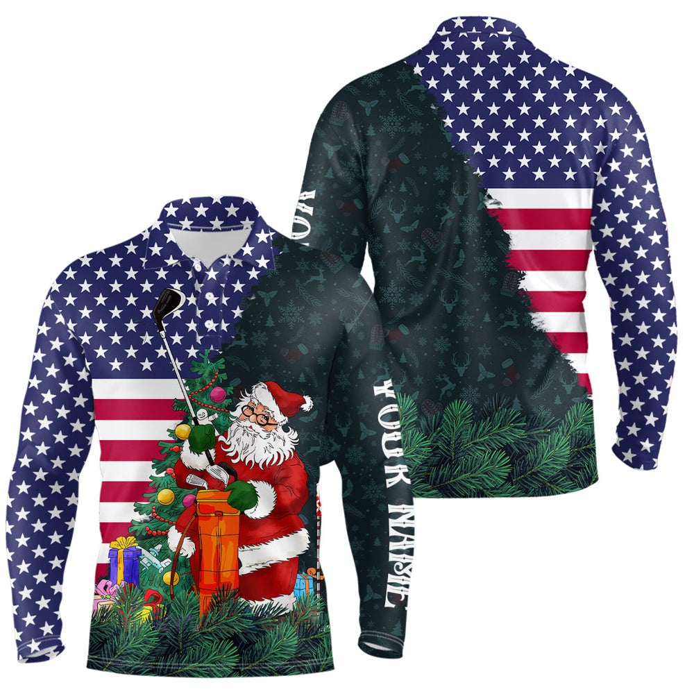 Golf Polo Shirts, American Flag Christmas Santa Golf Pattern Custom Mens Golf Polo Shirts, Xmas Golf Outfits Men, Custom Golf Shirts