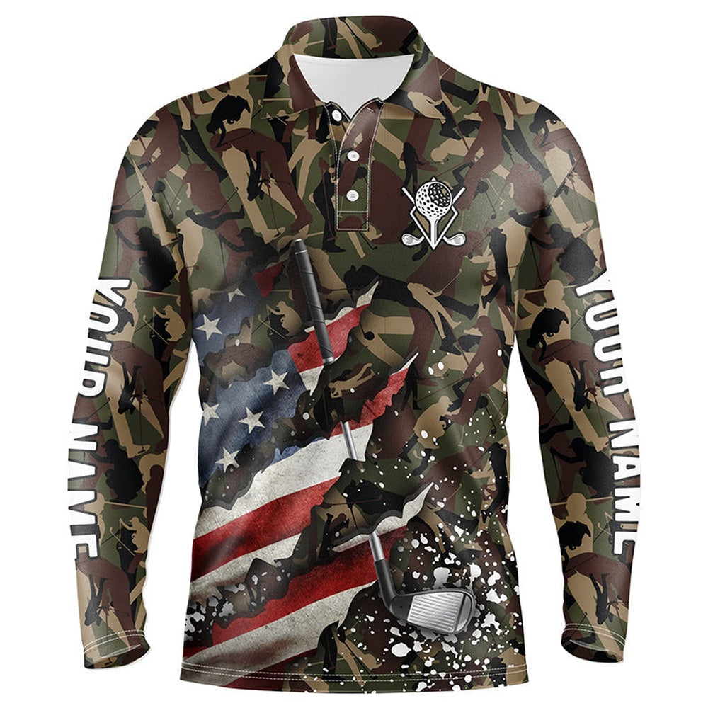 Golf Polo Shirts, American Flag Golf Clubs Camo Mens Golf Polo Shirts Custom Patriotic Golf Apparel For Men, Custom Golf Shirts