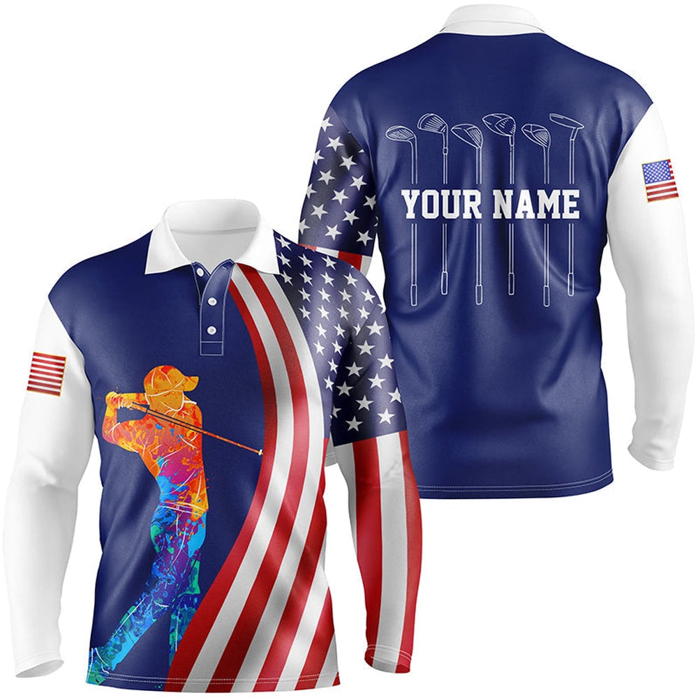 Golf Polo Shirts, American Flag Golf Clubs Mens Golf Polo Shirt Custom Watercolor Golf Clothes For Men, Custom Golf Shirts