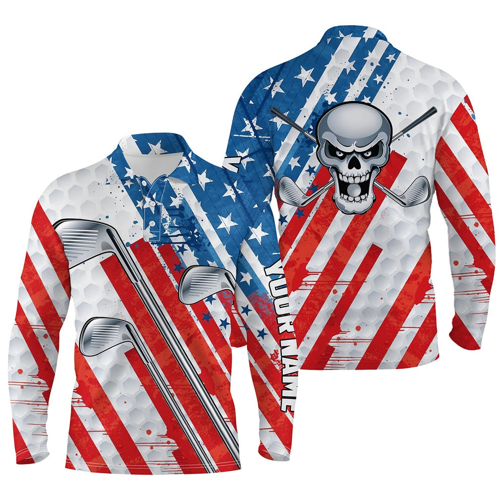 Golf Polo Shirts, American Flag Golf Skull Patriotic Golf Clubs Men Polo Shirts Custom Team Golf Polo Shirt, Custom Golf Shirts