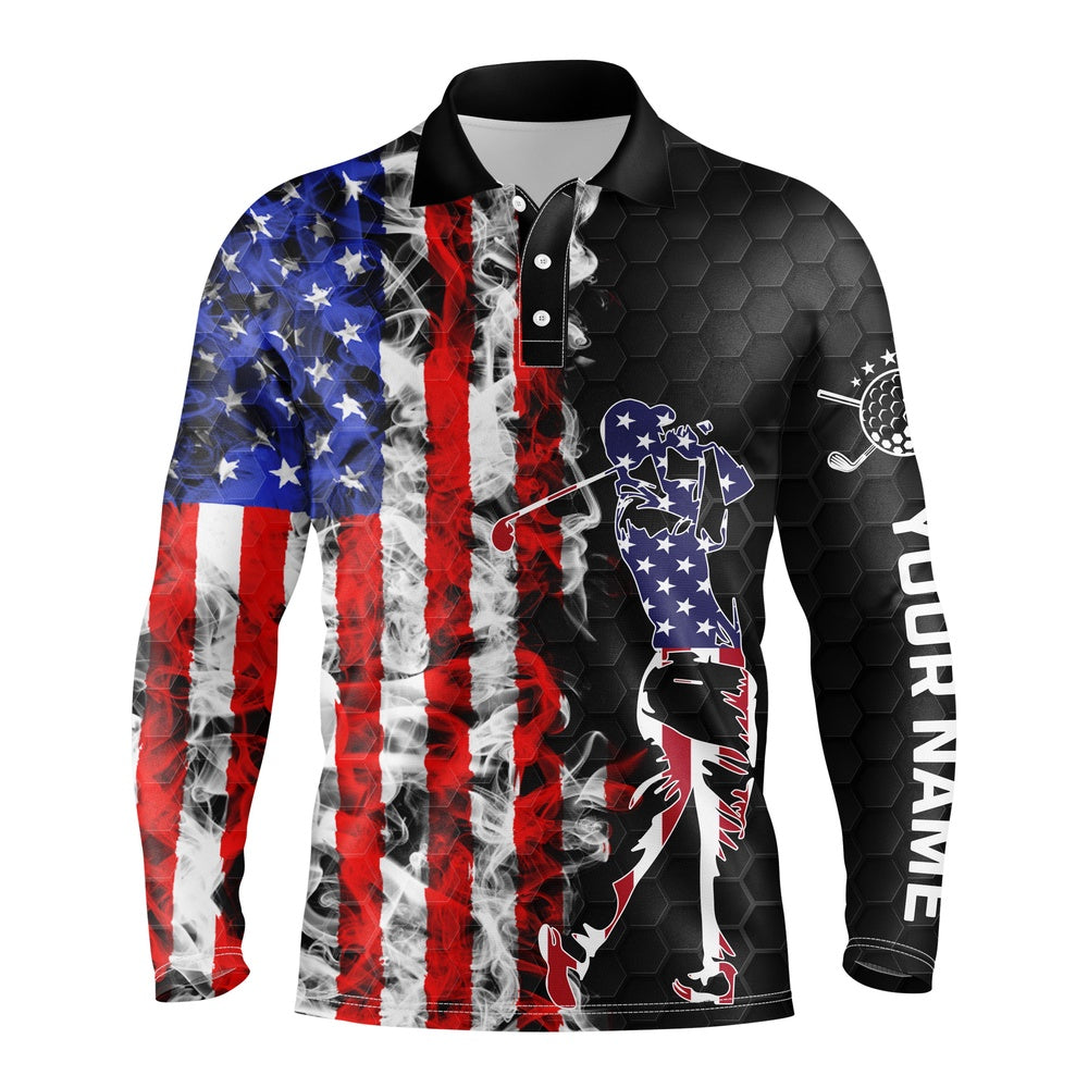 Golf Polo Shirts, American Flag Mens Black Golf Polo Shirt Custom Name Patriotic Unique Golf Gift Ideas For Him, Custom Golf Shirts