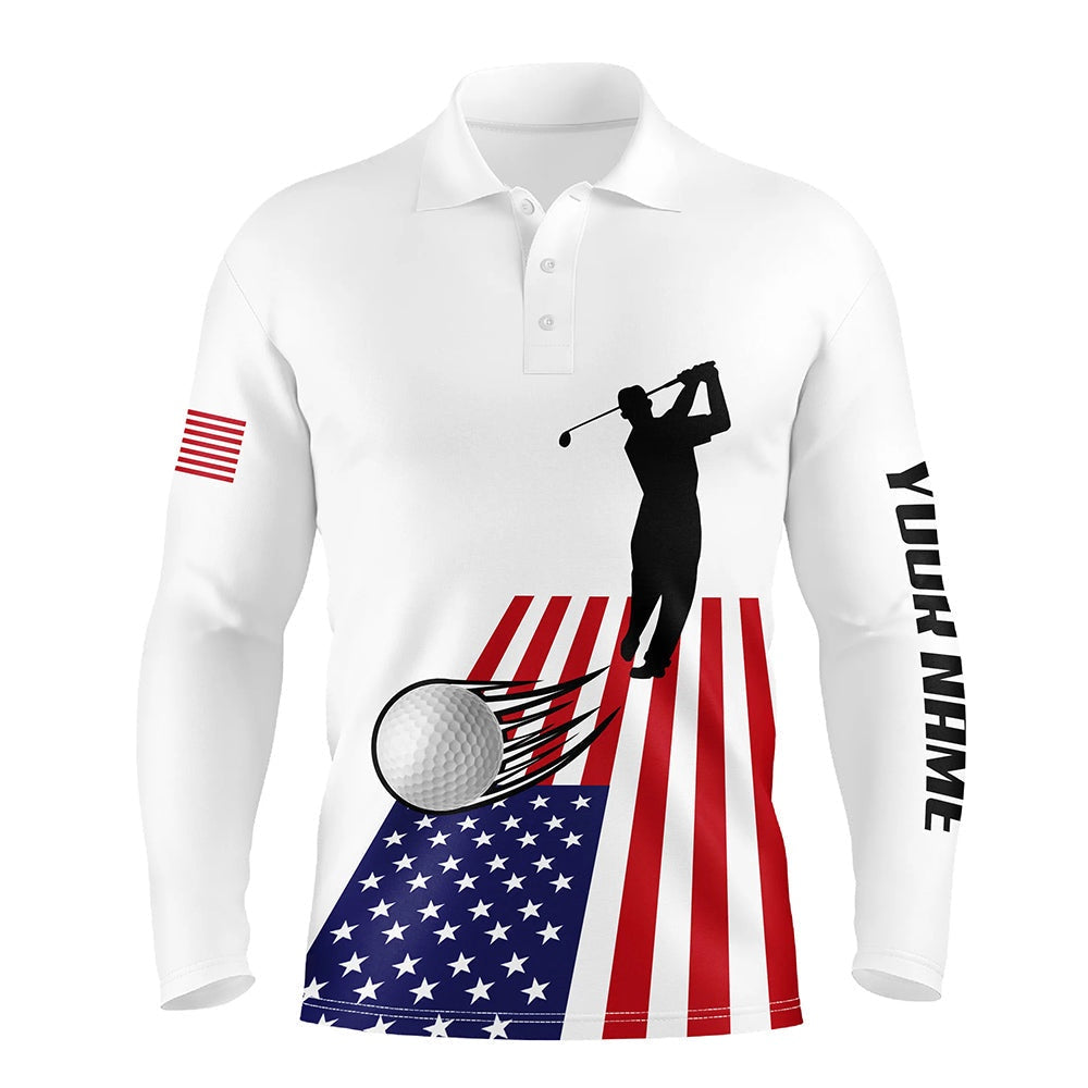 Golf Polo Shirts, American Flag Mens Golf Polo Shirts Custom Name Patriotic White Golf Shirt, Patriotic Mens Golf Wear, Custom Golf Shirts