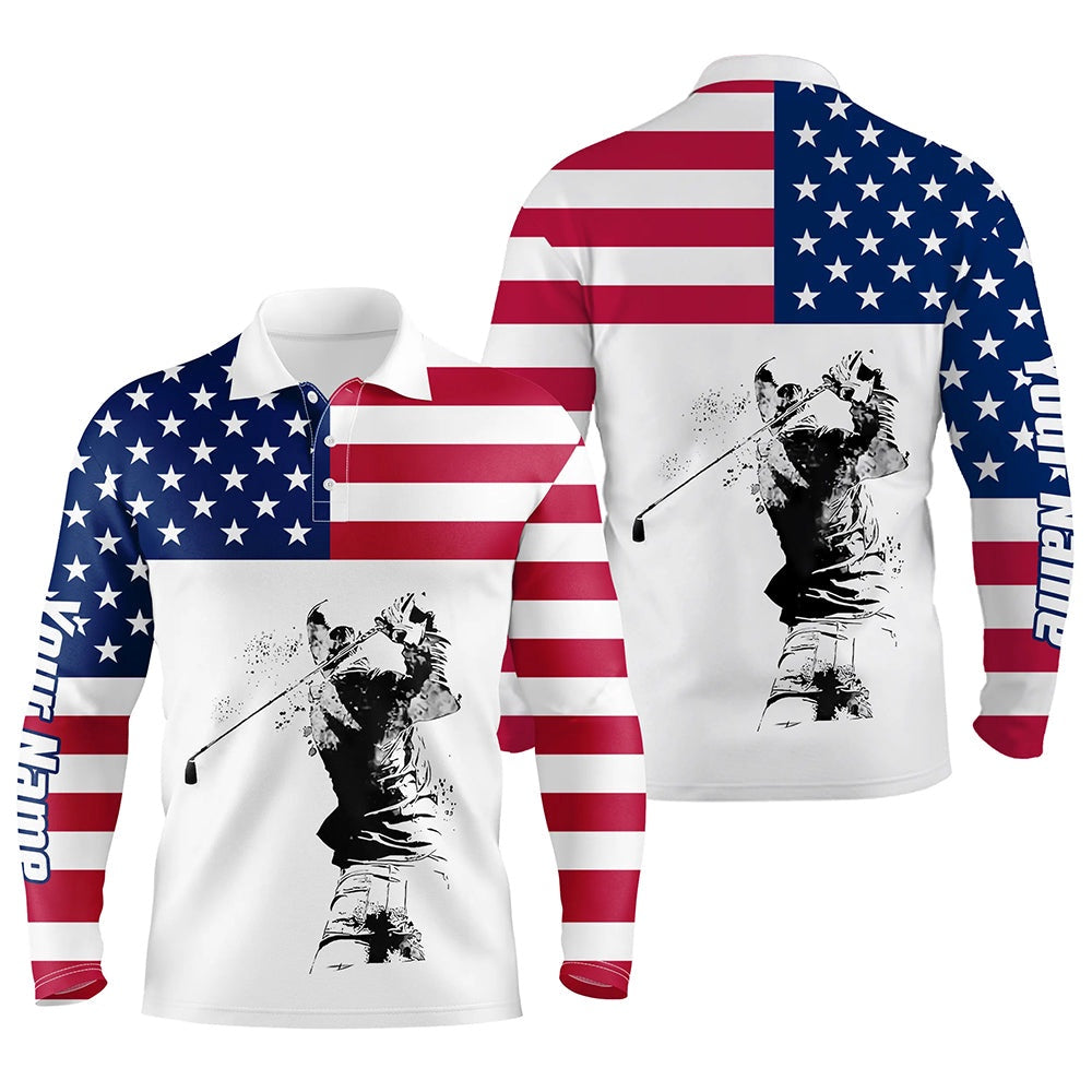 Golf Polo Shirts, American Flag Patriotic White Mens Golf Polo Custom Name Golf Gift For Men, Custom Golf Shirts