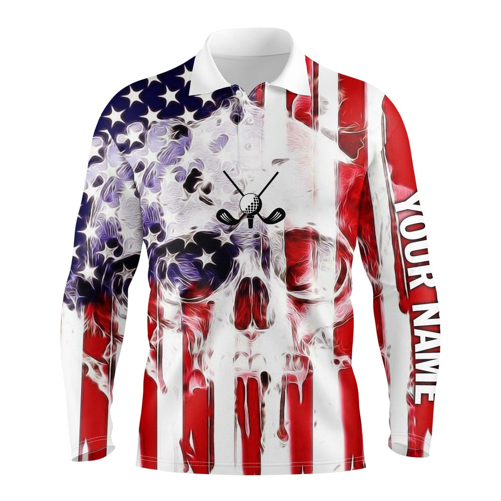 Golf Polo Shirts, American Flag Skull Long Sleeve Golf Polo Shirts Personalized Patriotic Gifts For Golf Lovers, Custom Golf Shirts