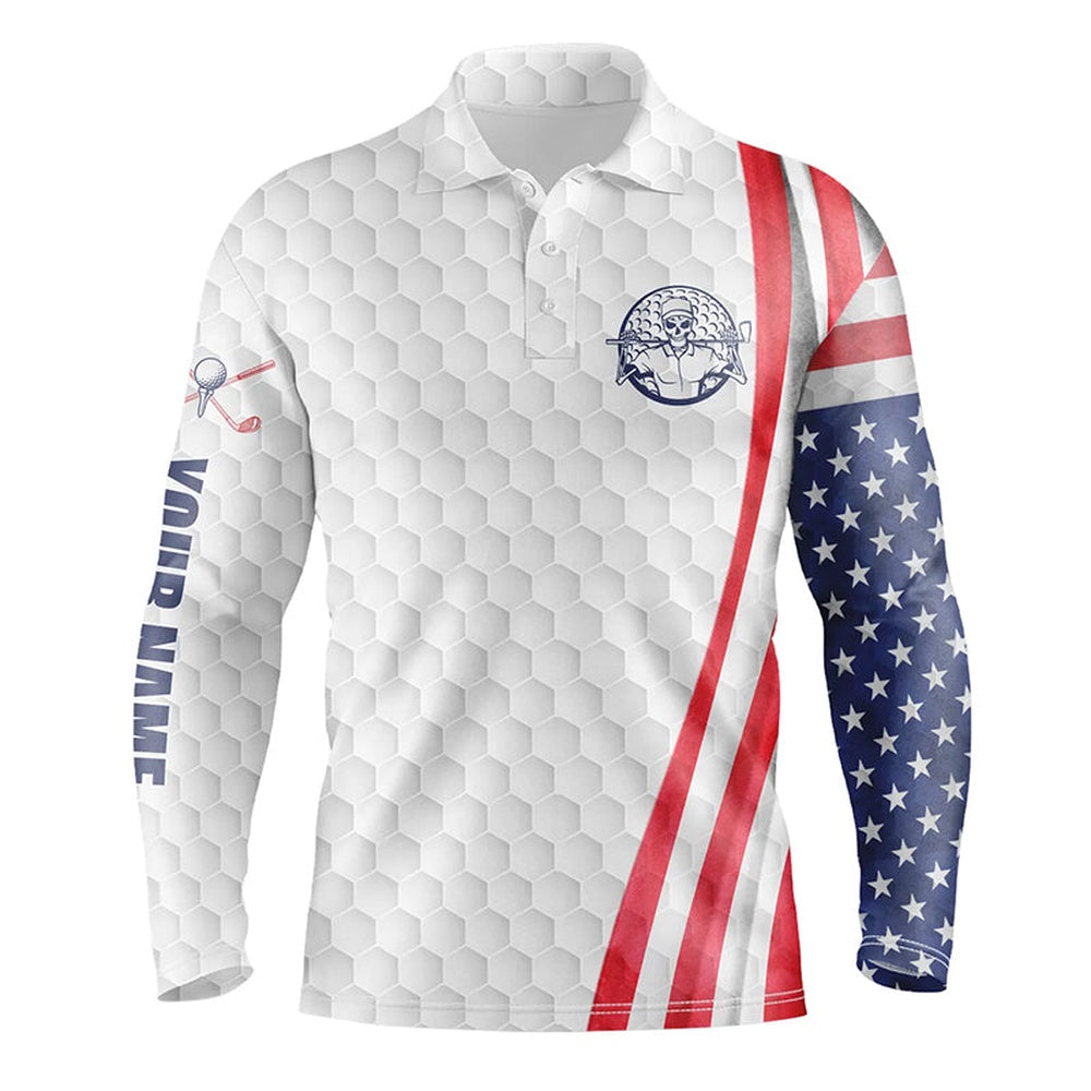 Golf Polo Shirts, American Flag White Golf Ball Mens Golf Polo Shirt Custom Patriotic Mens Golf Shirts, Custom Golf Shirts
