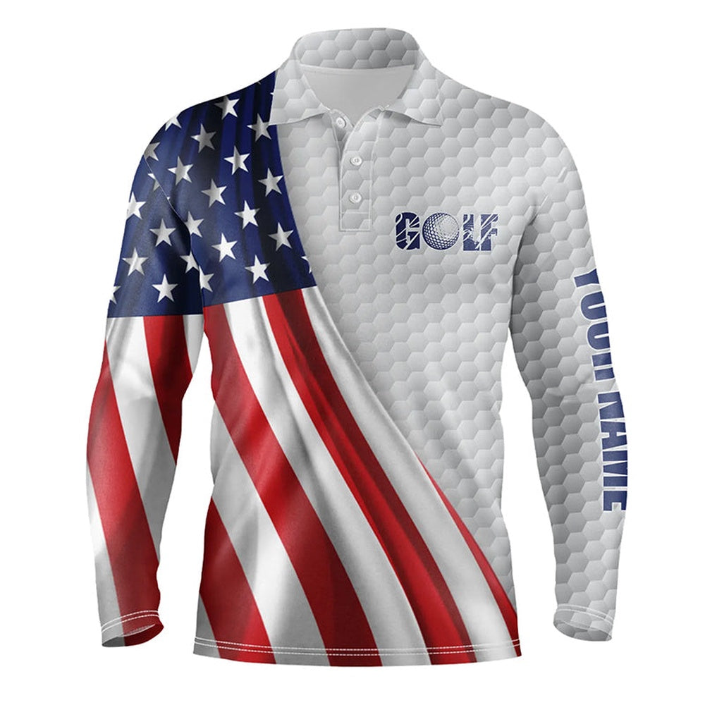 Golf Polo Shirts, American Flag White Golf Ball Skin Mens Golf Polo Shirts Custom Name Patriotic Golf Tops For Mens, Custom Golf Shirts