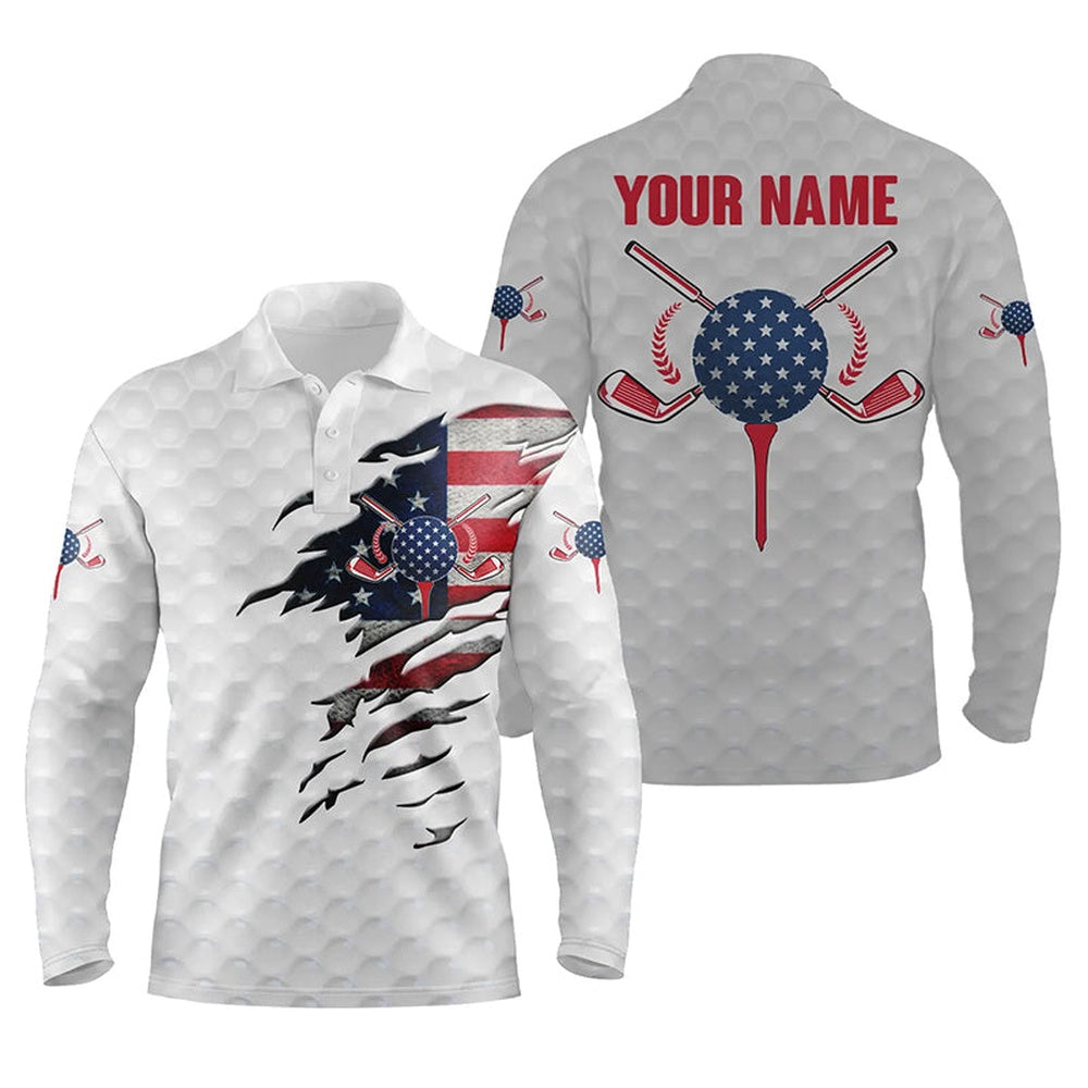 Golf Polo Shirts, American Flag White Golf Ball Skin Mens Golf Polos Shirts Custom Patriot Golf Gift, Golf Shirt For Men, Custom Golf Shirts