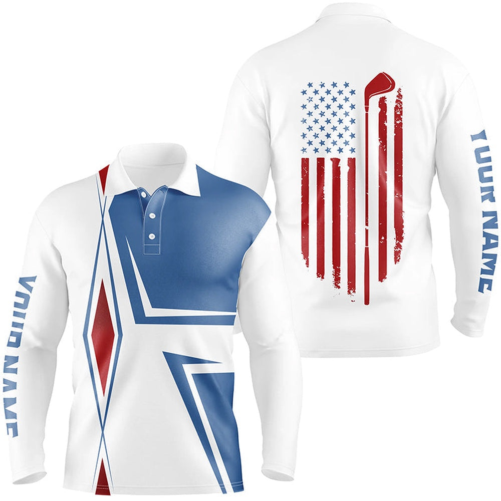 Golf Polo Shirts, American Flag White Mens Golf Polo Shirts Custom Golf Club Patriotic Team Shirt, Golf Attire For Men, Custom Golf Shirts