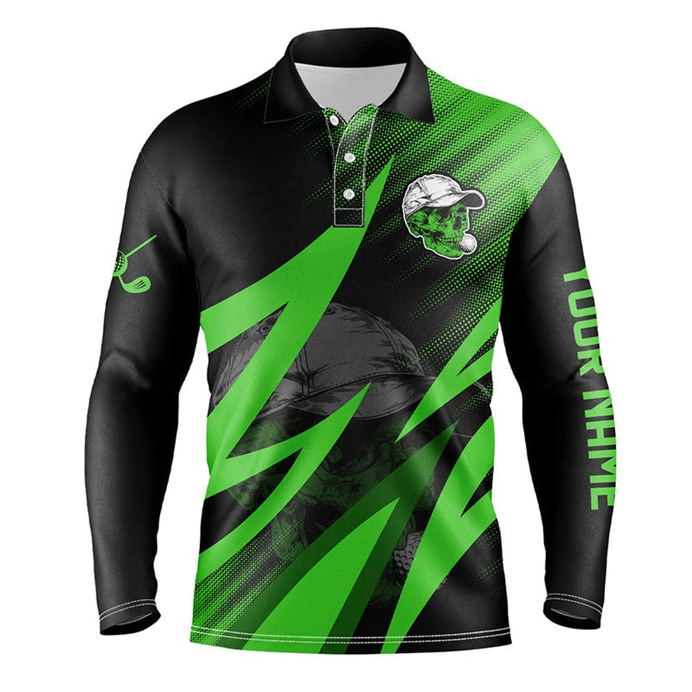 Golf Polo Shirts, Black And Green Golf Skull Mens Golf Polo Shirt Custom Golf Outfits Men, Cool Golf Gifts, Custom Golf Shirts