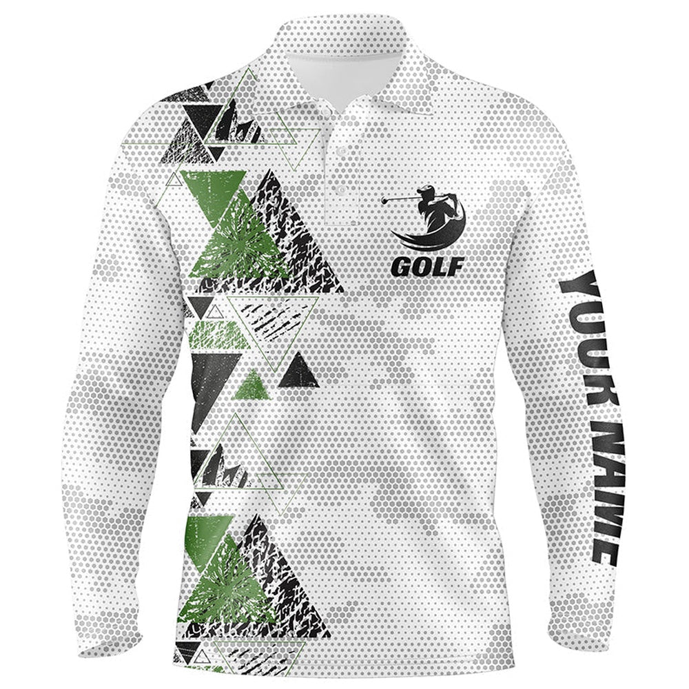 Golf Polo Shirts, Black And Green Triangle Custom Name Camo Mens Golf Polo Shirt, Best Mens Golf Wear, Custom Golf Shirts