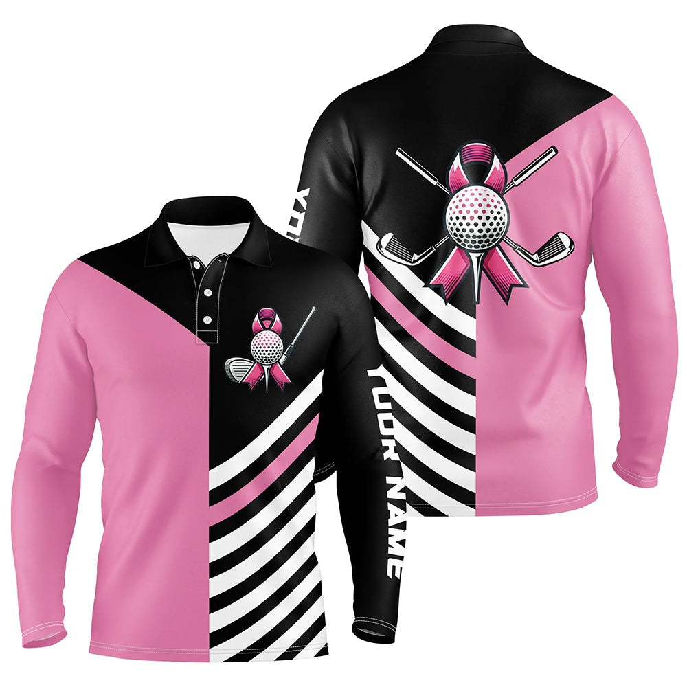 Golf Polo Shirts, Black And Pink Ribbon Golf Ball Clubs Men Golf Polo Shirts Custom Breast Cancer Awareness Golf Shirts, Custom Golf Shirts