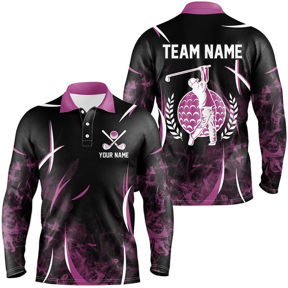 Golf Polo Shirts, Black And Pink Smoke Pattern Men Golf Polo Shirts Custom Golf Clothes For Men, Custom Golf Shirts