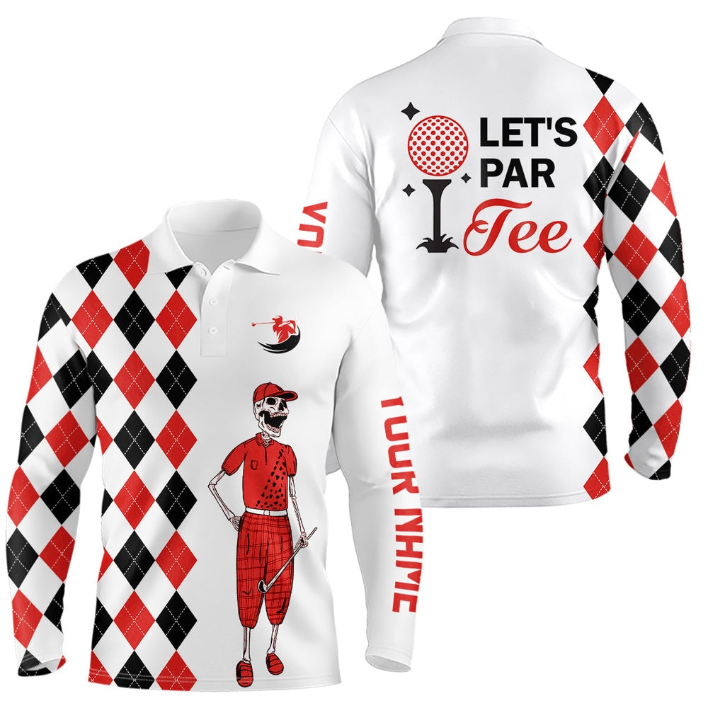 Golf Polo Shirts, Black And Red Argyle Pattern Mens Golf Polo Shirts Custom Let'S Par Tee Skull Golf Gifts For Mens, Custom Golf Shirts