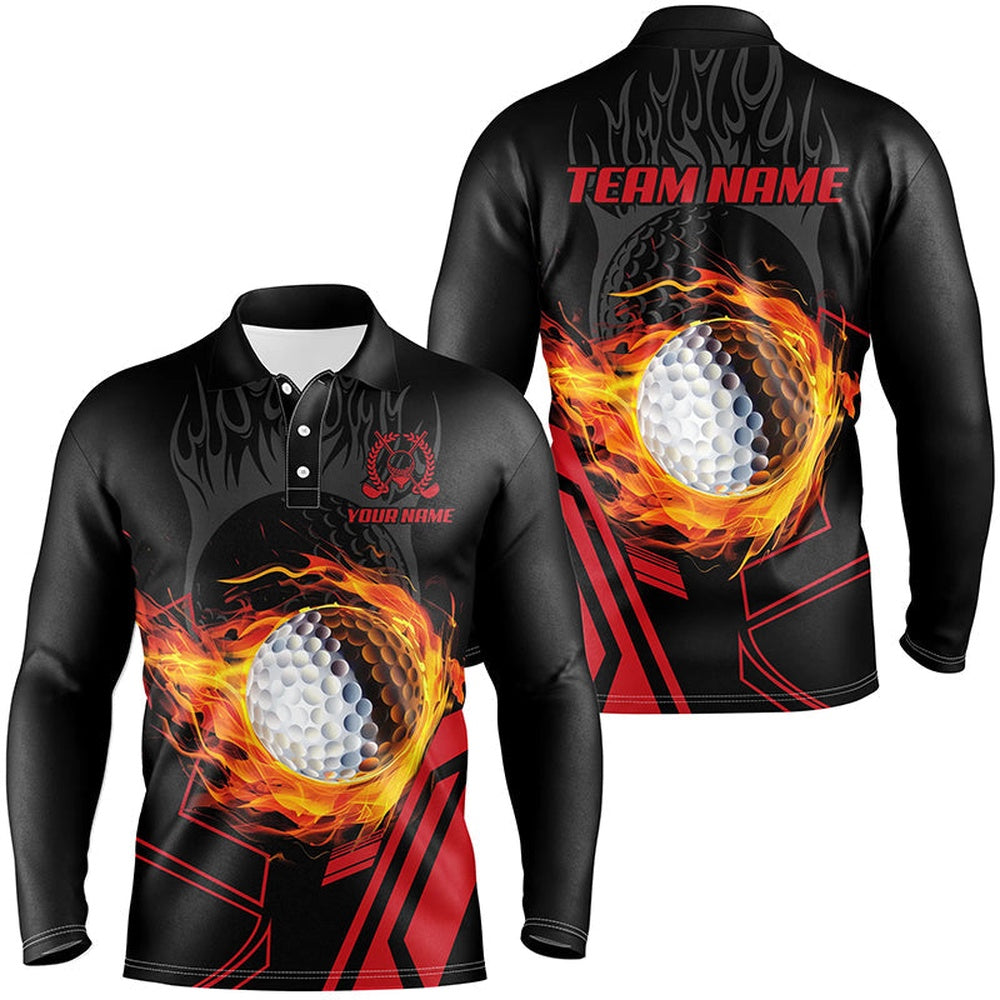 Golf Polo Shirts, Black And Red Flame Golf Ball Fire Mens Golf Polo Shirts Custom Cool Golf Attire For Men, Custom Golf Shirts