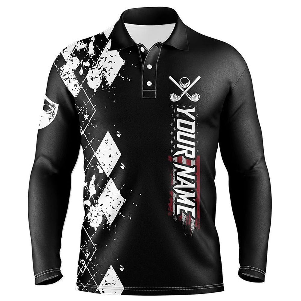 Golf Polo Shirts, Black And White Argyle Plaid Golf Shirt Mens Golf Clubs Custom Name Mens Polo Golf Apparel, Custom Golf Shirts