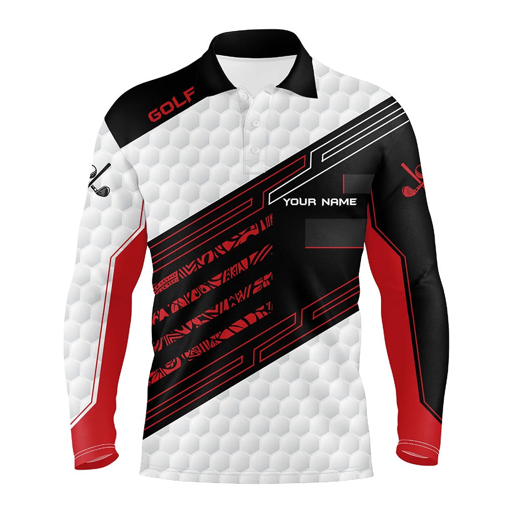 Golf Polo Shirts, Black And White Golf Ball Pattern Mens Golf Polo Shirts Custom Golf Outfit Men Red, Custom Golf Shirts