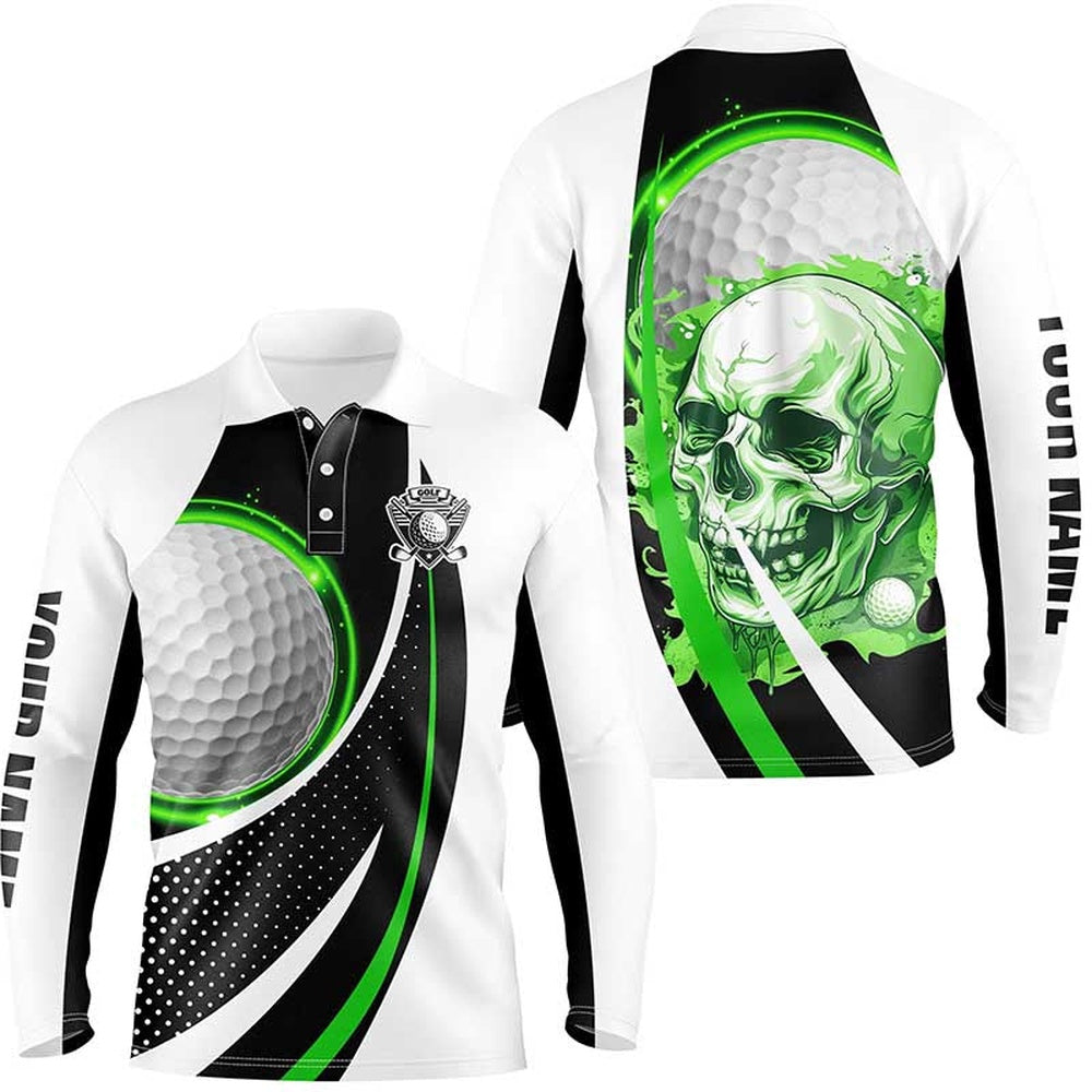 Golf Polo Shirts, Black And White Golf Skull Mens Golf Polo Shirt Custom Golf Attire For Men, Gifts For Golfer Green, Custom Golf Shirts