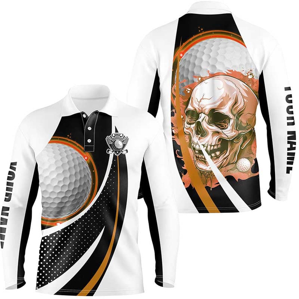 Golf Polo Shirts, Black And White Golf Skull Mens Golf Polo Shirt Custom Golf Attire For Men, Gifts For Golfer Orange, Custom Golf Shirts