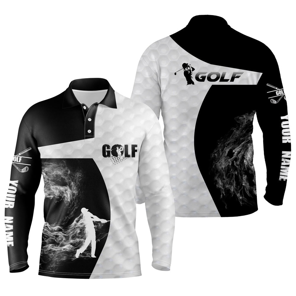 Golf Polo Shirts, Black And White Long Sleeve Golf Polo Shirts For Mens Custom Golf Shirts, Golfer Gifts, Custom Golf Shirts
