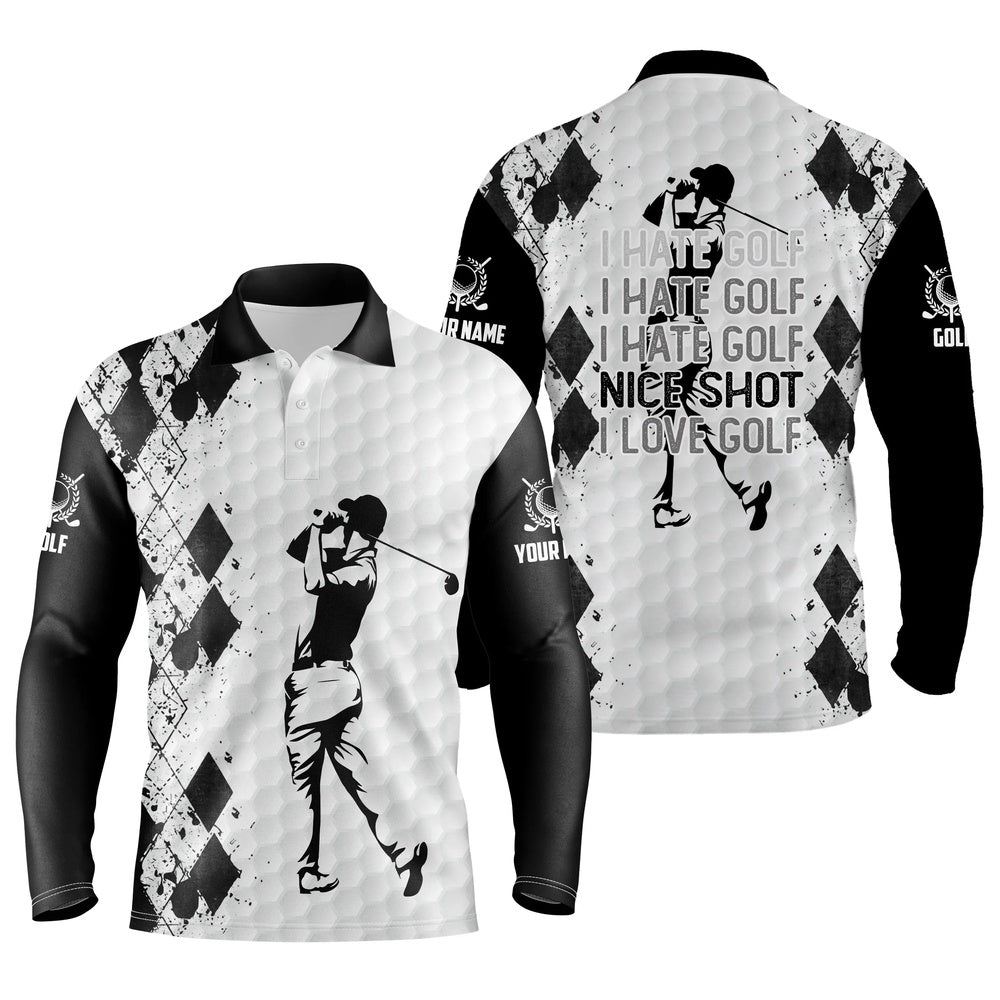 Golf Polo Shirts, Black And White Mens Golf Polo Shirt I Hate Golf Nice Shot I Love Golf Custom Name Funny Golf Gifts, Custom Golf Shirts