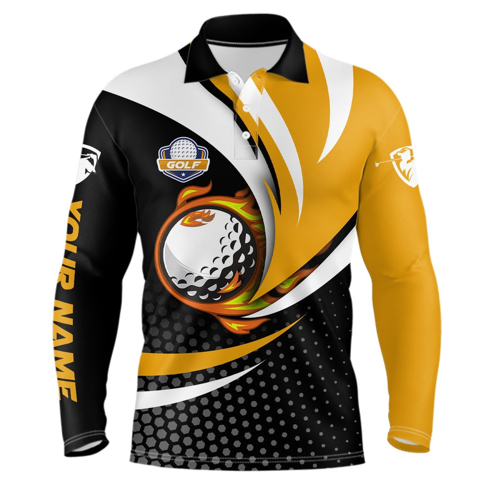 Golf Polo Shirts, Black And Yellow Mens Golf Polo Shirts Custom Golf Ball Fire Golf Attire For Men, Best Golf Gifts, Custom Golf Shirts