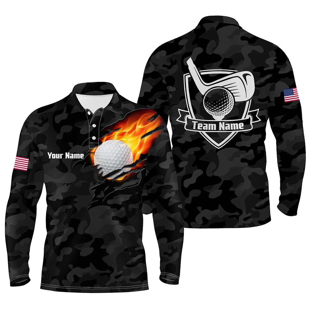 Golf Polo Shirts, Black Camo Fire Golf Ball Flame Mens Golf Polo Shirts Custom American Flag Golf Shirts For Men, Custom Golf Shirts