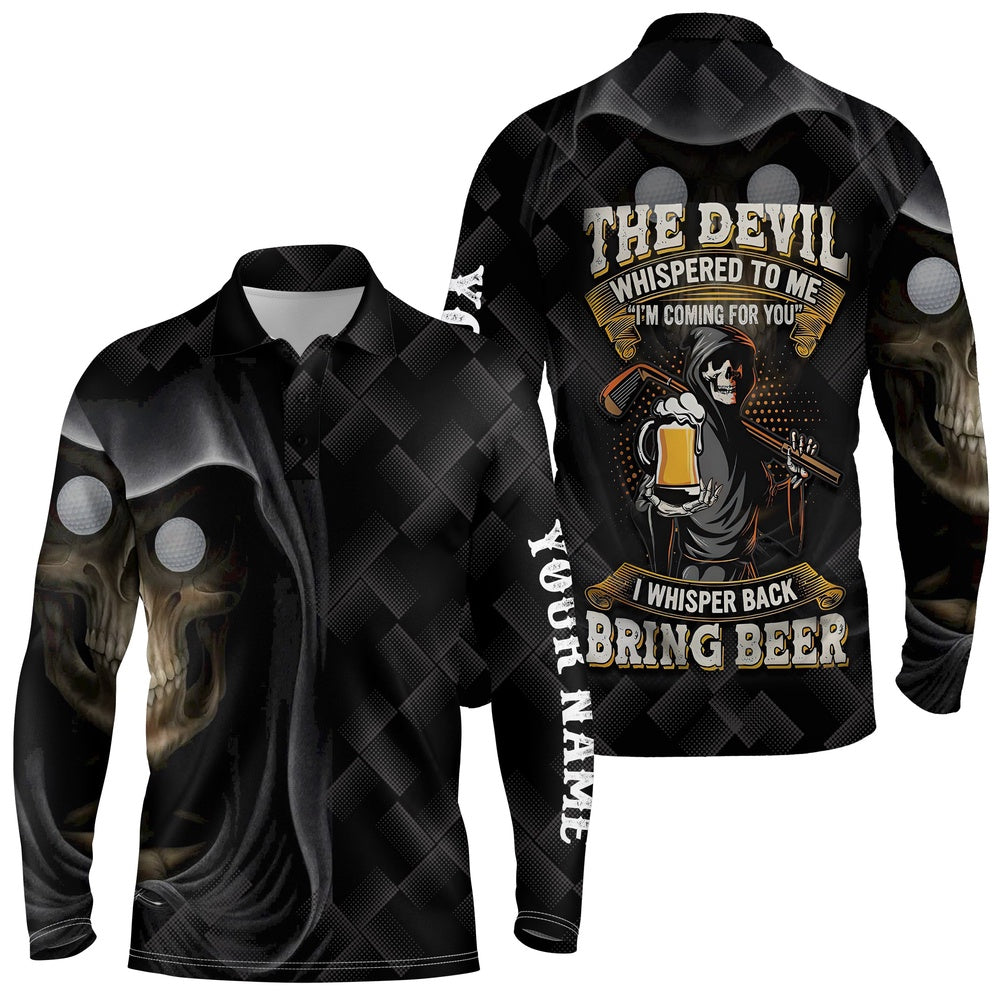Golf Polo Shirts, Black Golf Skull Reaper Men Golf Polo Shirts Custom Name The Devil Whispered To Me, Golf Beer Shirt, Custom Golf Shirts