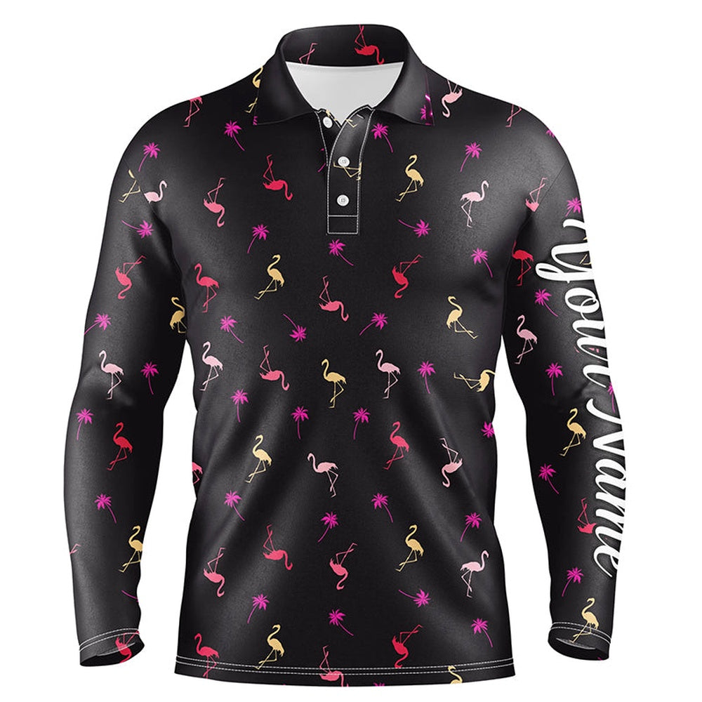 Golf Polo Shirts, Black Mens Golf Polo Shirt Neon Pink Flamingos Palm Pattern Custom Team Flamingo Golf Polo Shirts, Custom Golf Shirts