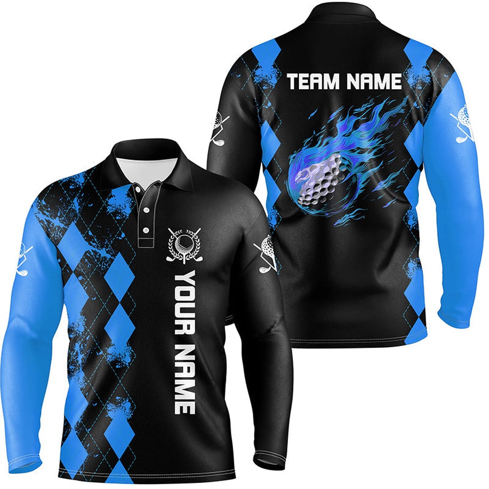 Golf Polo Shirts, Black Mens Golf Polo Shirts Custom Blue Argyle Pattern Flame Golf Ball Golf Tops For Mens, Custom Golf Shirts