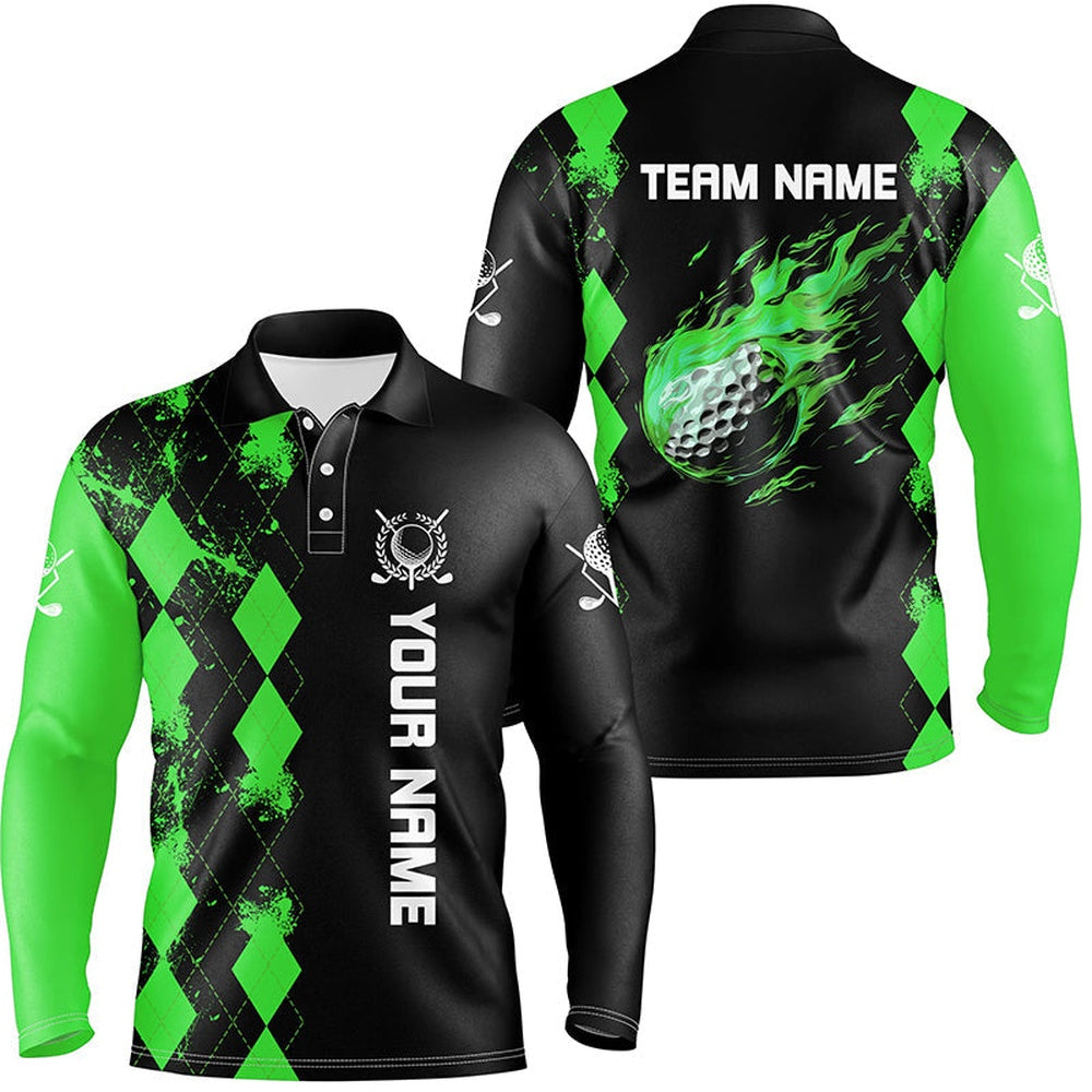 Golf Polo Shirts, Black Mens Golf Polo Shirts Custom Green Argyle Pattern Flame Golf Ball Golf Tops For Mens, Custom Golf Shirts