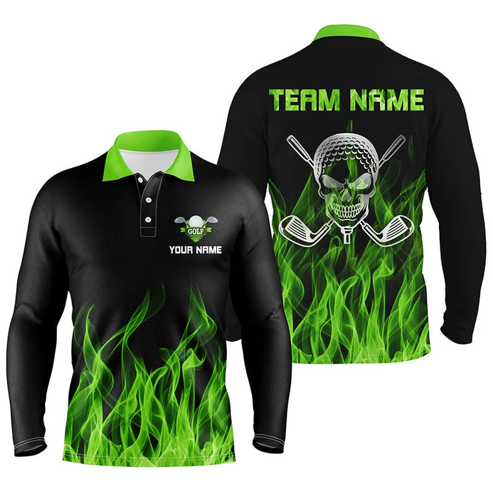 Golf Polo Shirts, Black Mens Golf Polo Shirts Custom Green Flame Skull Golf Clubs For Men, Custom Golf Shirts