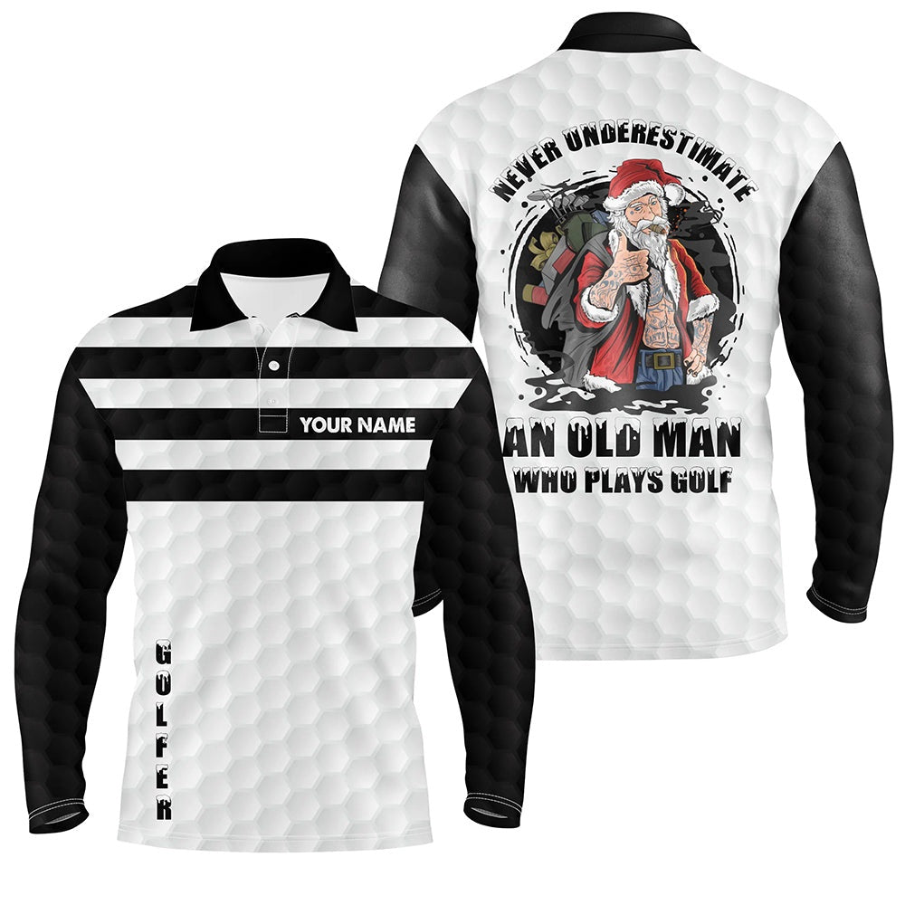 Golf Polo Shirts, Black White Santa Golfer Custom Christmas Mens Golf Polo Shirt Never Underestimate Old Man Plays Golf, Custom Golf Shirts