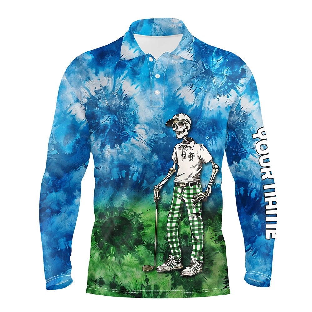 Golf Polo Shirts, Blue And Green Mens Tie Dye Golf Polo Shirts Custom Golf Skull Golf Team Polo Shirts, Custom Golf Shirts