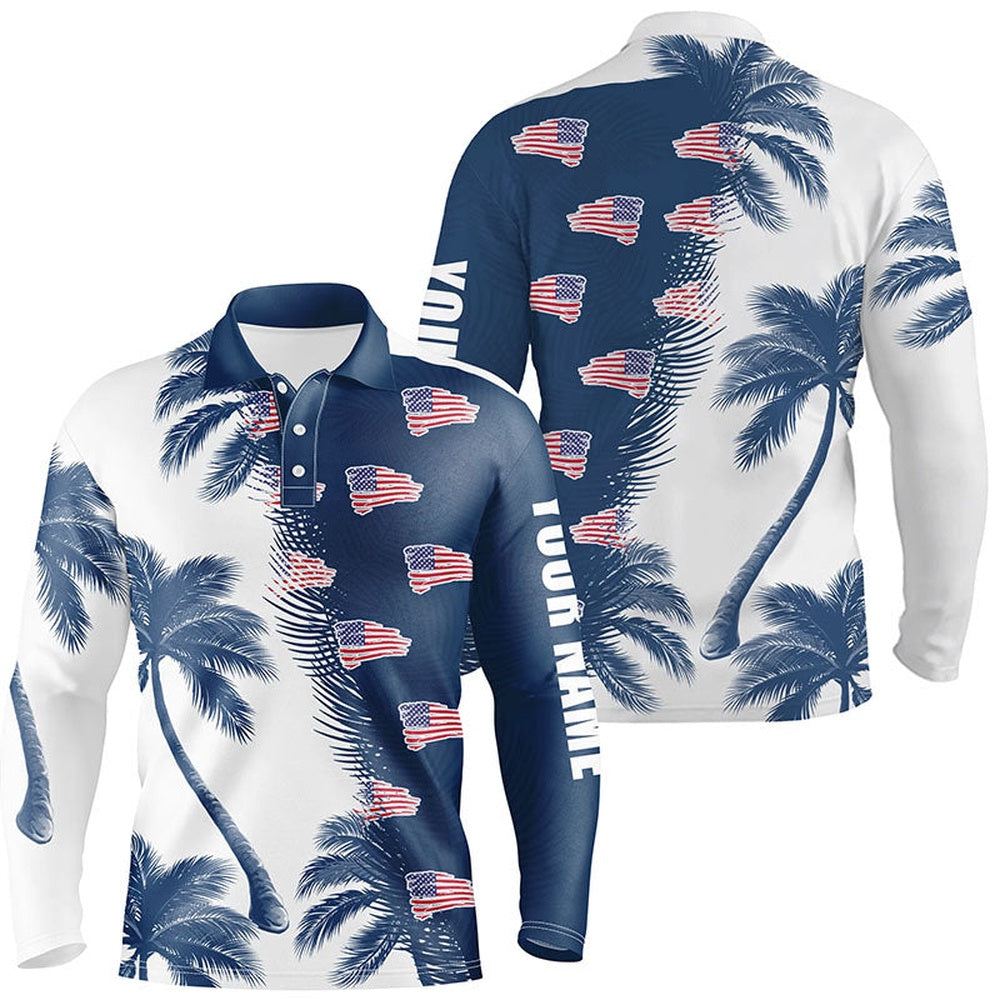 Golf Polo Shirts, Blue And White Palm Tree Pattern American Flag Mens Golf Polo Shirts Personalized Golf Outfit Men, Custom Golf Shirts