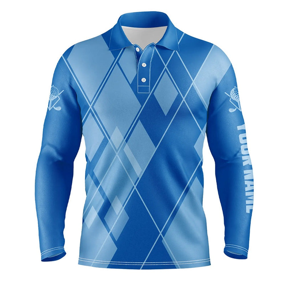 Golf Polo Shirts, Blue Argyle Pattern Custom Mens Golf Polo Shirts, Golf Tops For Men Golfing Gifts, Custom Golf Shirts