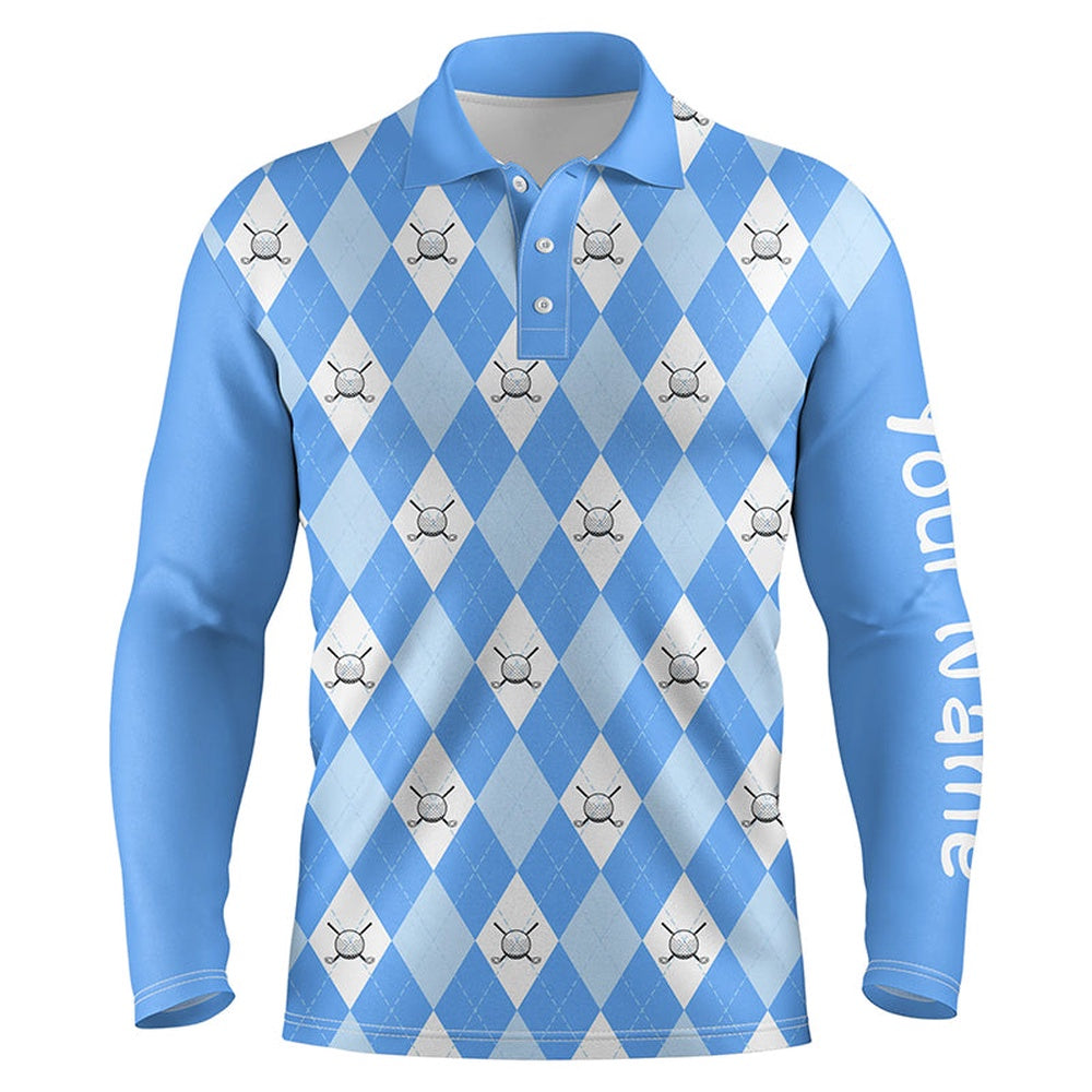 Golf Polo Shirts, Blue Argyle Plaid Pattern Mens Golf Polos Shirts Custom Golf Shirts For Men, Custom Golf Shirts