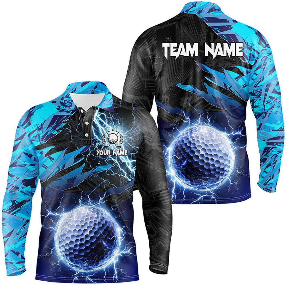 Golf Polo Shirts, Blue Camo Lightning Thunder Golf Ball Custom Mens Golf Polo Shirts, Personalized Golf Apparel For Men, Custom Golf Shirts