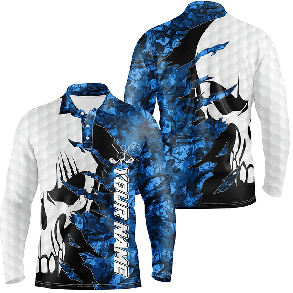 Golf Polo Shirts, Blue Camo Mens Golf Polos Shirts Custom Name Golf Skull Shirts For Men, Custom Golf Shirts