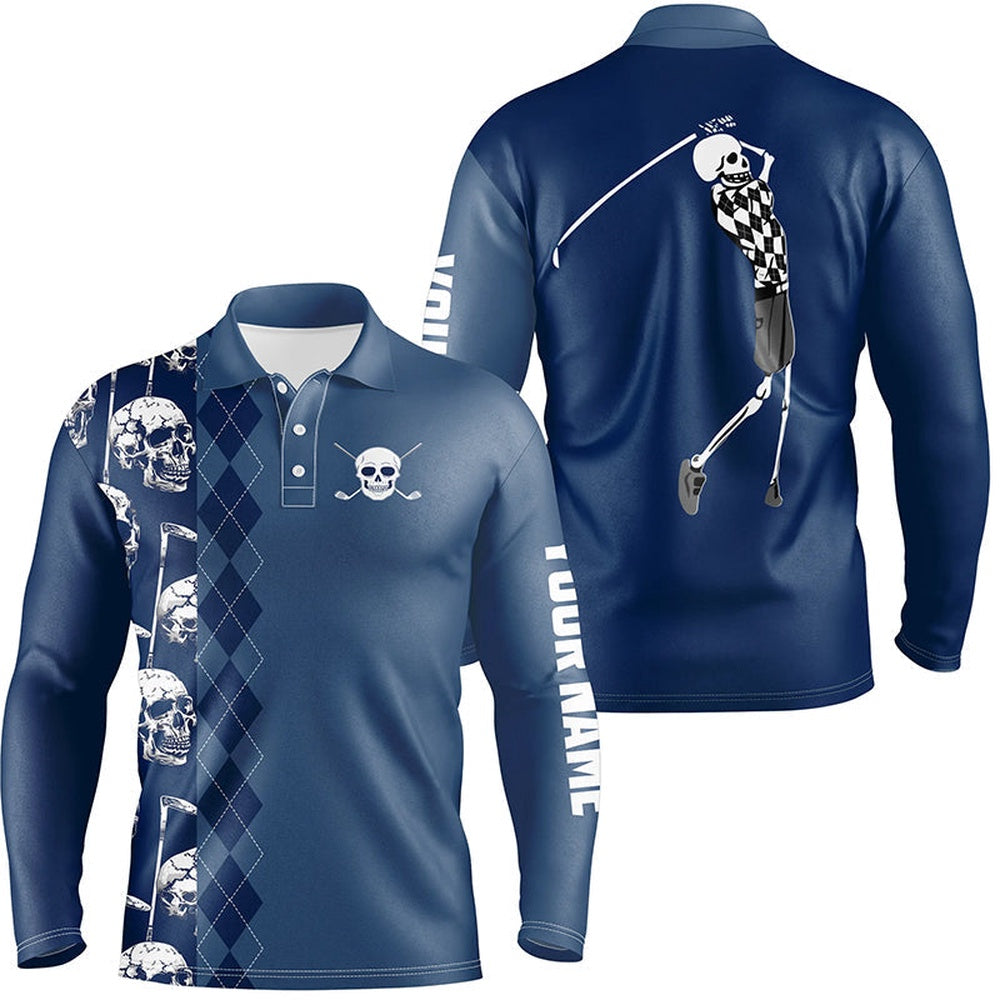 Golf Polo Shirts, Blue Navy Skull Argyle Pattern Custom Mens Golf Polo Shirts, Best Men'S Golf Wear, Custom Golf Shirts